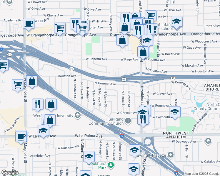 map of restaurants, bars, coffee shops, grocery stores, and more near 1313 North Alamo Street in Anaheim