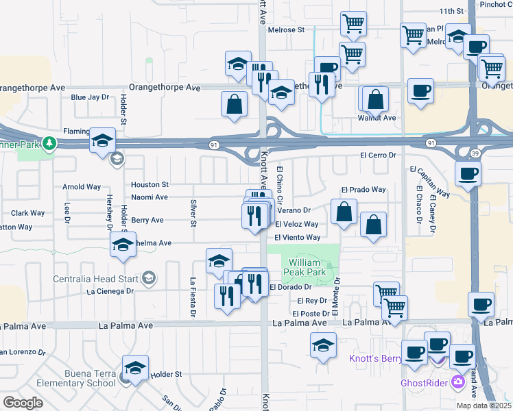 map of restaurants, bars, coffee shops, grocery stores, and more near 7021 El Veloz Way in Buena Park