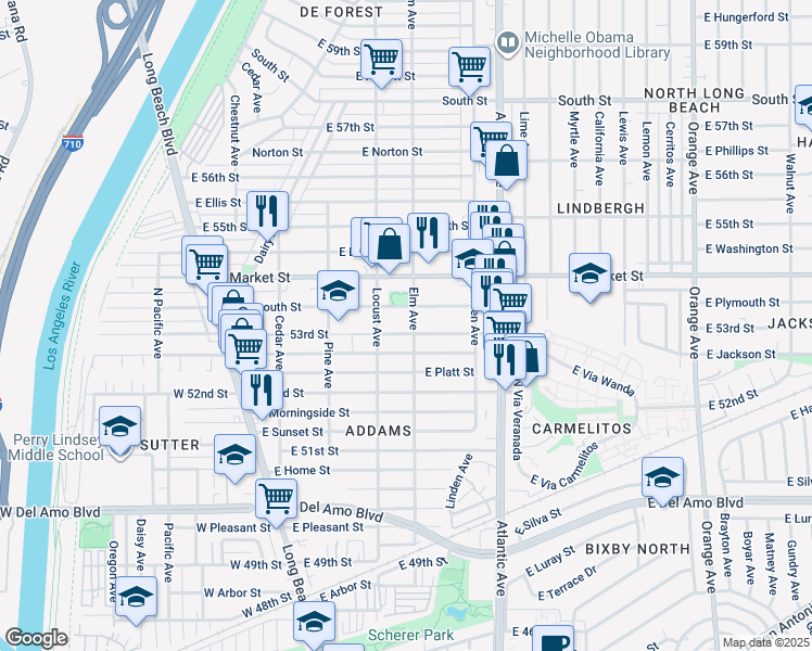 map of restaurants, bars, coffee shops, grocery stores, and more near 415 East Mountain View Street in Long Beach