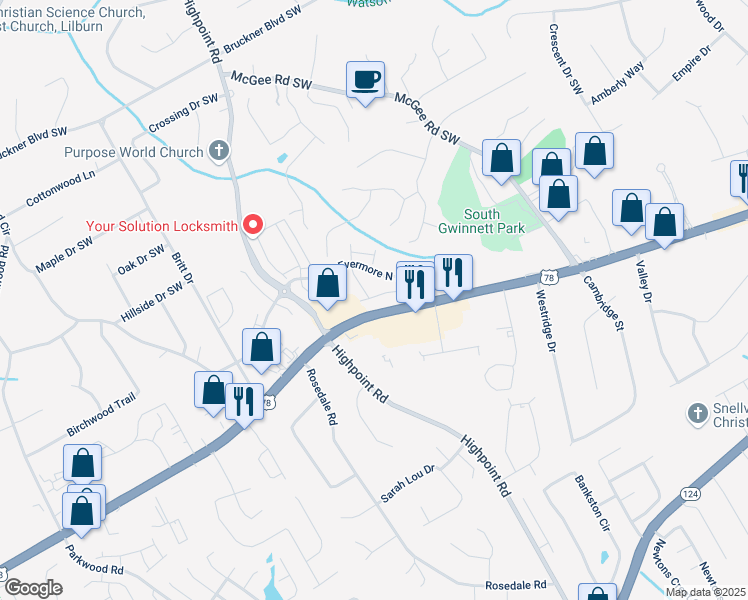 map of restaurants, bars, coffee shops, grocery stores, and more near 2237 Foley Park Street in Snellville