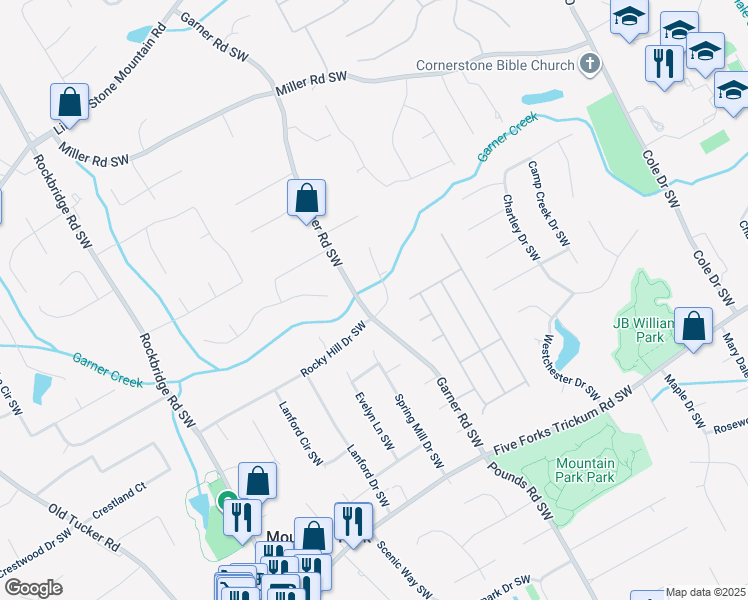 map of restaurants, bars, coffee shops, grocery stores, and more near 1005 Garner Road Southwest in Lilburn