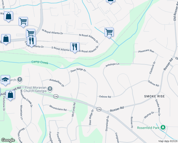 map of restaurants, bars, coffee shops, grocery stores, and more near 2325 Deer Ridge Drive in Stone Mountain