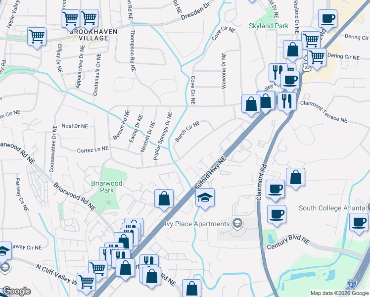 map of restaurants, bars, coffee shops, grocery stores, and more near 2262 Burch Circle Northeast in Atlanta