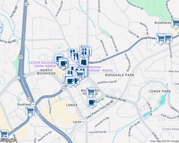 map of restaurants, bars, coffee shops, grocery stores, and more near 3549 Roxboro Road in Atlanta