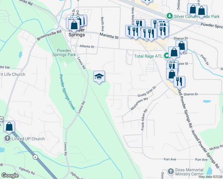 map of restaurants, bars, coffee shops, grocery stores, and more near 4248 Morningside Way in Powder Springs
