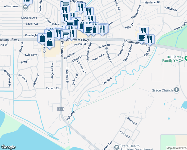 map of restaurants, bars, coffee shops, grocery stores, and more near 2701 Shepherds Glen in Wichita Falls
