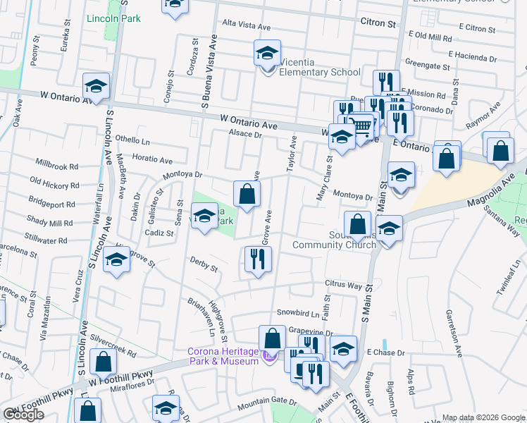 map of restaurants, bars, coffee shops, grocery stores, and more near 2476 Grove Avenue in Corona