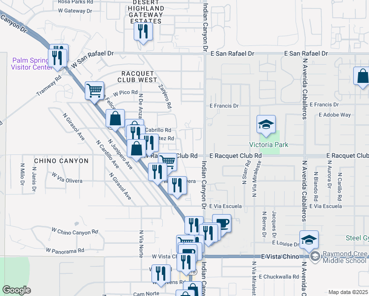 map of restaurants, bars, coffee shops, grocery stores, and more near 130 West Racquet Club Road in Palm Springs