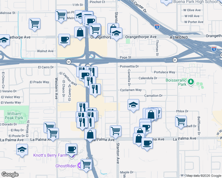 map of restaurants, bars, coffee shops, grocery stores, and more near 7672 Larkspur Drive in Buena Park