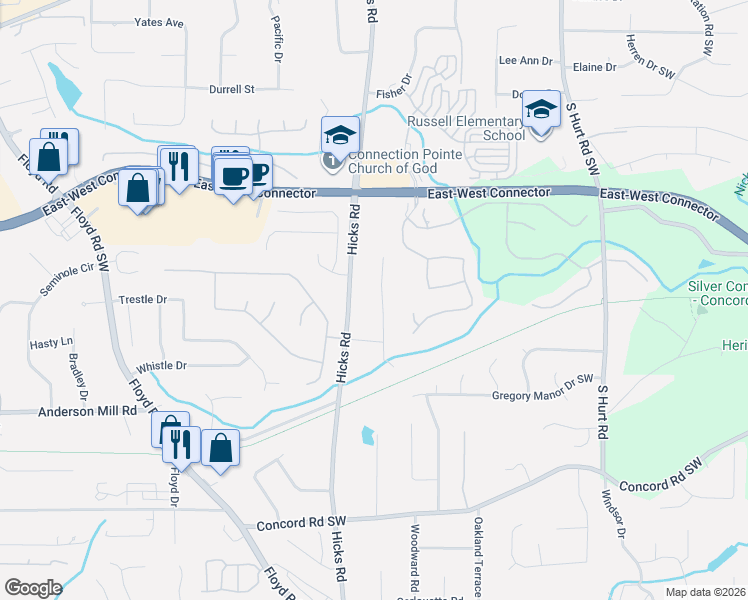 map of restaurants, bars, coffee shops, grocery stores, and more near 4221 Hicks Road in Austell