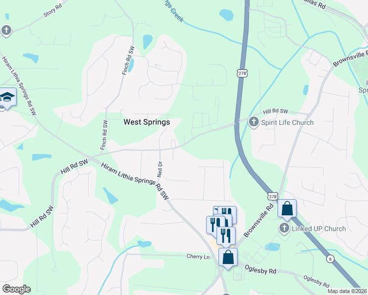 map of restaurants, bars, coffee shops, grocery stores, and more near 5083 Woodland Hills in Powder Springs