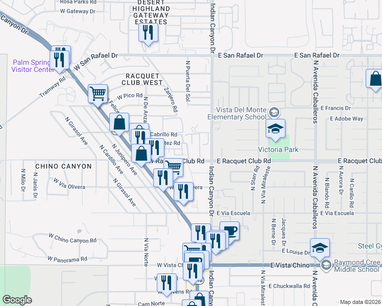 map of restaurants, bars, coffee shops, grocery stores, and more near 130 West Racquet Club Road in Palm Springs