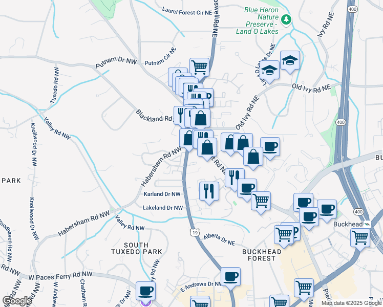 map of restaurants, bars, coffee shops, grocery stores, and more near 15 Habersham Road Northeast in Atlanta