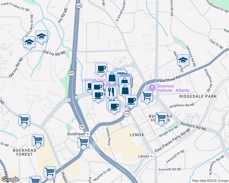 map of restaurants, bars, coffee shops, grocery stores, and more near 3438 Peachtree Road Northeast in Atlanta