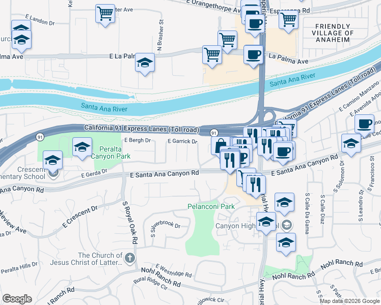 map of restaurants, bars, coffee shops, grocery stores, and more near 136 North Lohrum Lane in Anaheim