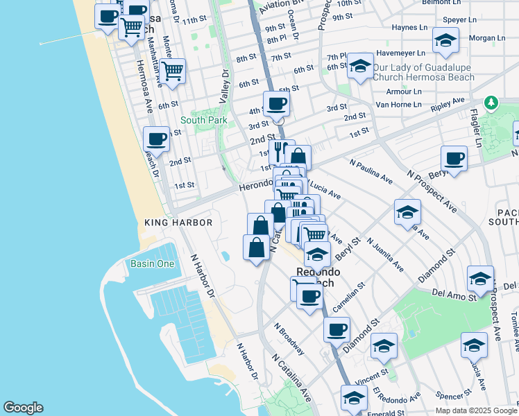 map of restaurants, bars, coffee shops, grocery stores, and more near 750 North Francisca Avenue in Redondo Beach