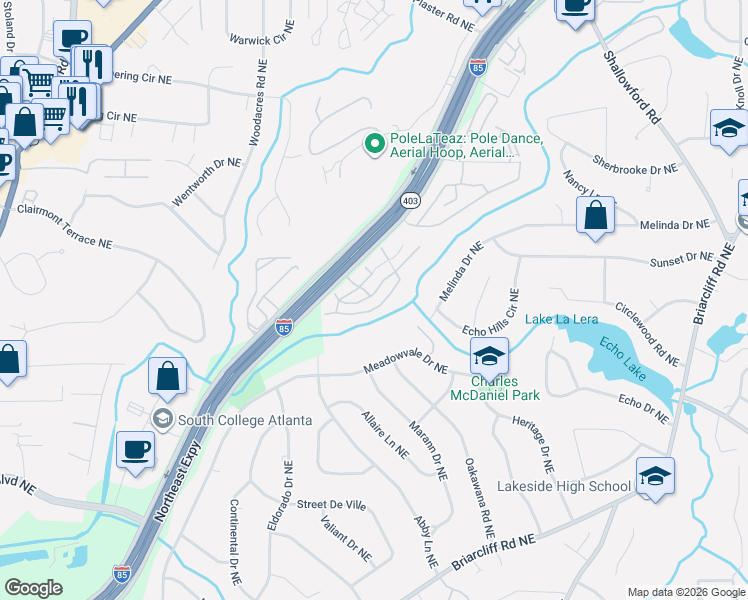 map of restaurants, bars, coffee shops, grocery stores, and more near 2515 Northeast Expressway in Atlanta