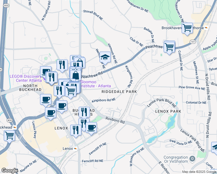 map of restaurants, bars, coffee shops, grocery stores, and more near 1030 Eulalia Road Northeast in Atlanta