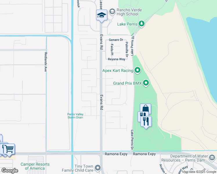 map of restaurants, bars, coffee shops, grocery stores, and more near 821 Valleverde Way in Perris