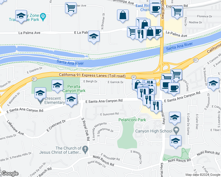 map of restaurants, bars, coffee shops, grocery stores, and more near 135 North Laurie Ann Lane in Anaheim