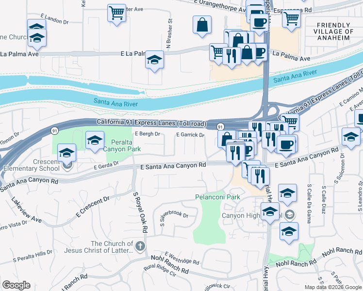 map of restaurants, bars, coffee shops, grocery stores, and more near 135 North Laurie Ann Lane in Anaheim