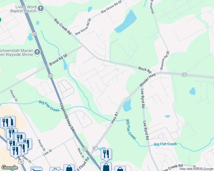 map of restaurants, bars, coffee shops, grocery stores, and more near South 200 East in Loganville