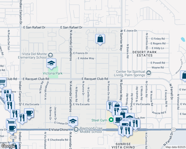 map of restaurants, bars, coffee shops, grocery stores, and more near 1361 East Gem Circle in Palm Springs