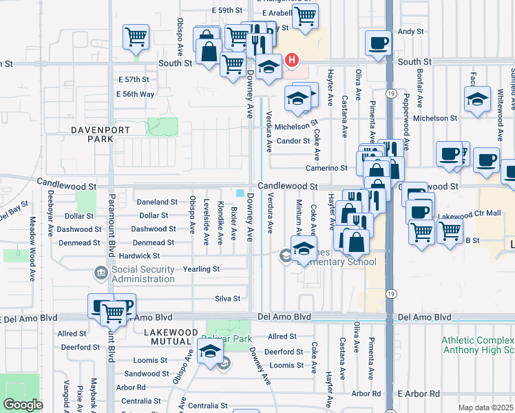 map of restaurants, bars, coffee shops, grocery stores, and more near 5262 Downey Avenue in Lakewood