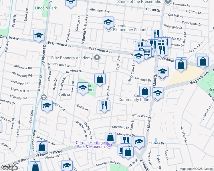 map of restaurants, bars, coffee shops, grocery stores, and more near 2398 Cota Avenue in Corona