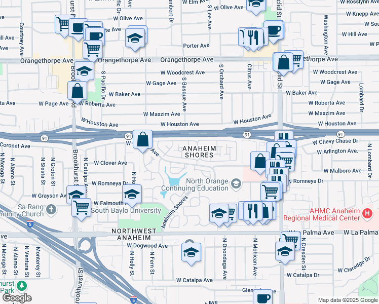 map of restaurants, bars, coffee shops, grocery stores, and more near 1919 West Coronet Avenue in Anaheim