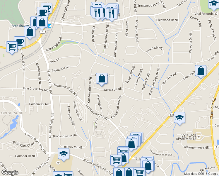 map of restaurants, bars, coffee shops, grocery stores, and more near 1430 Cortez Lane Northeast in Atlanta