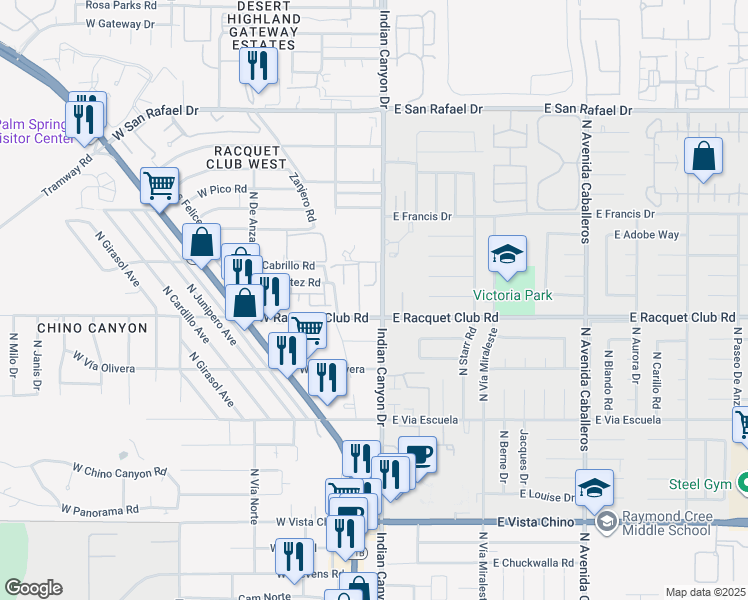 map of restaurants, bars, coffee shops, grocery stores, and more near 2501 North Indian Canyon Drive in Palm Springs