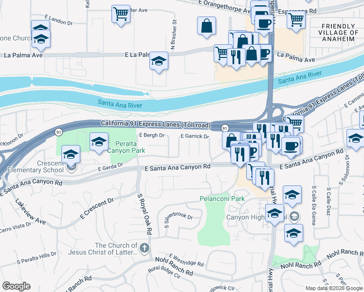 map of restaurants, bars, coffee shops, grocery stores, and more near 136 North Tiana Lane in Anaheim