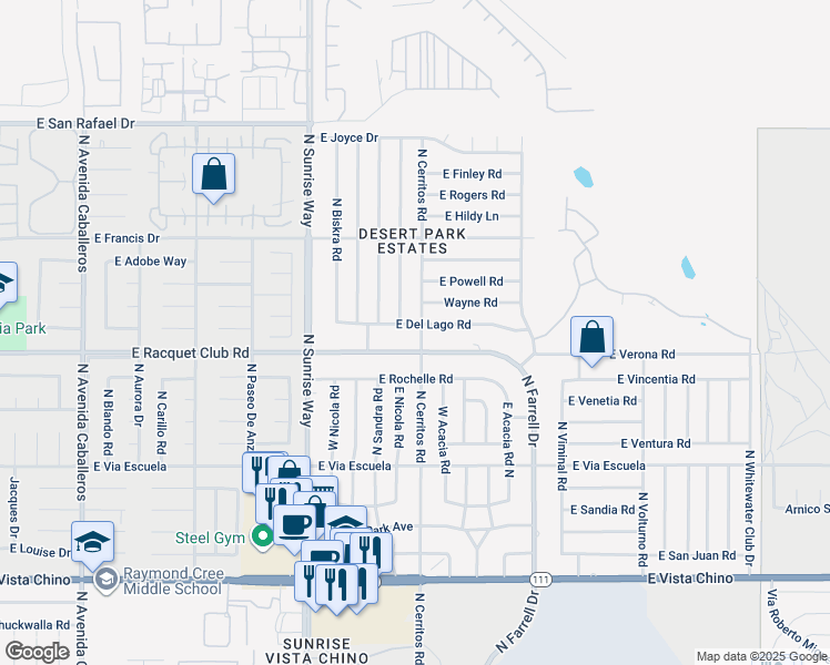 map of restaurants, bars, coffee shops, grocery stores, and more near 2300 North Cypress Road in Palm Springs