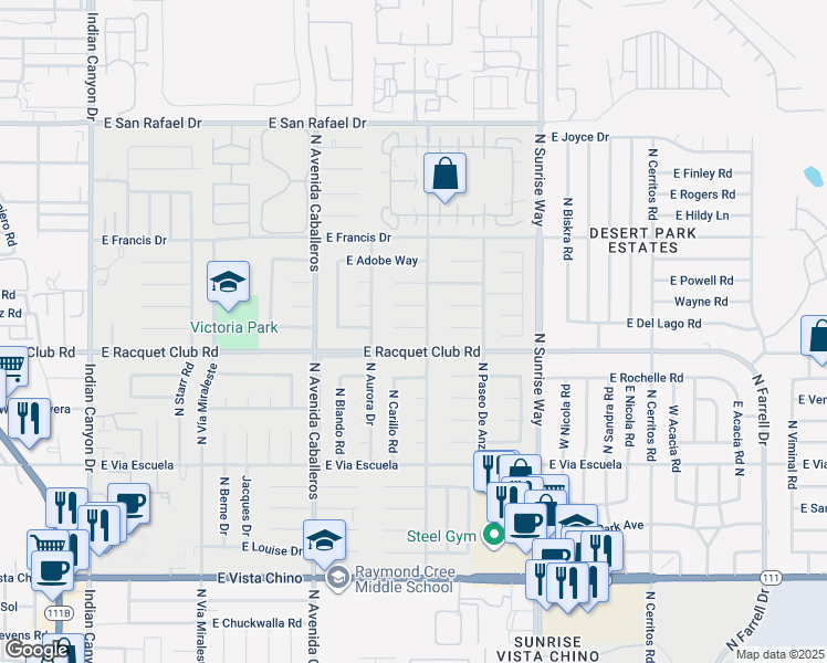 map of restaurants, bars, coffee shops, grocery stores, and more near 1361 East Gem Circle in Palm Springs