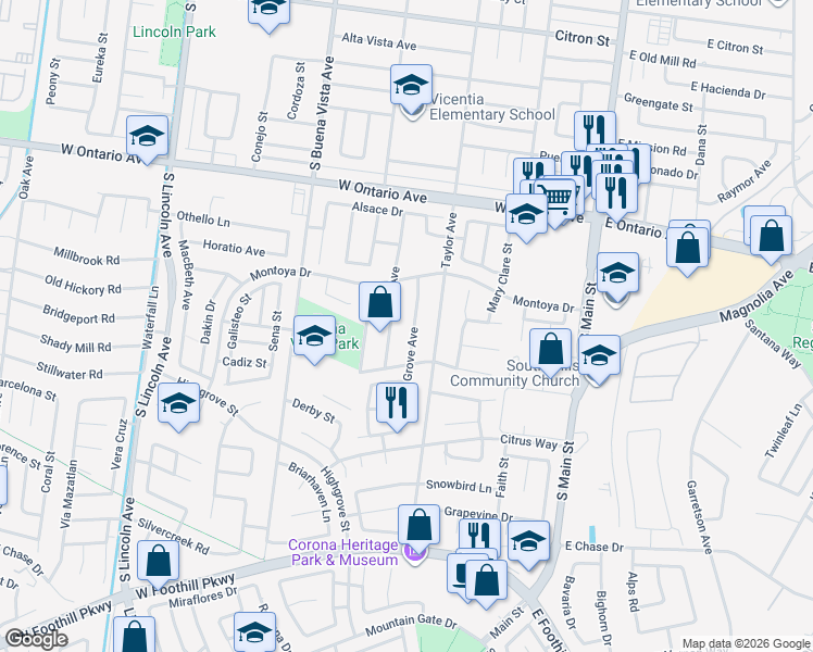 map of restaurants, bars, coffee shops, grocery stores, and more near 2398 Cota Avenue in Corona