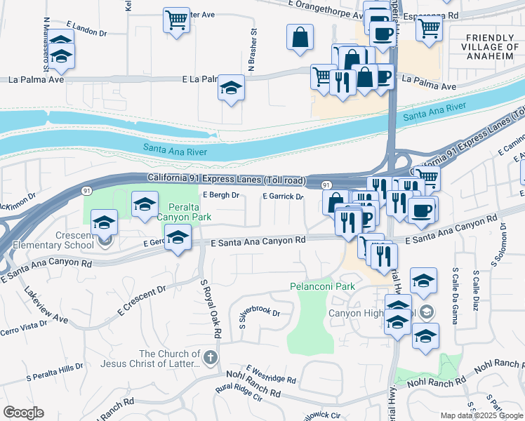 map of restaurants, bars, coffee shops, grocery stores, and more near 155 North Laurie Ann Lane in Anaheim