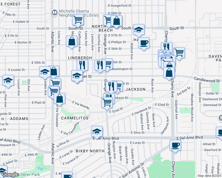 map of restaurants, bars, coffee shops, grocery stores, and more near 1312 East Plymouth Street in Long Beach