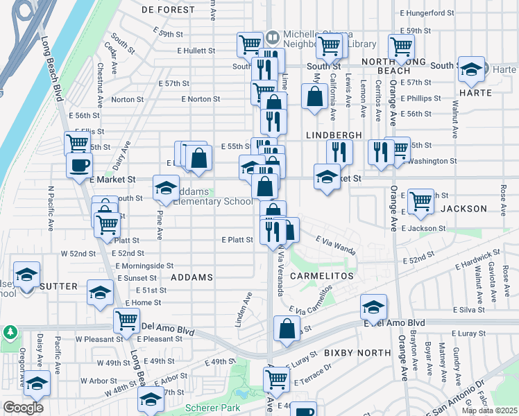 map of restaurants, bars, coffee shops, grocery stores, and more near 5361 Atlantic Avenue in Long Beach