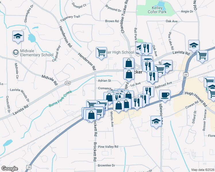 map of restaurants, bars, coffee shops, grocery stores, and more near 4072 Adrian Street in Tucker