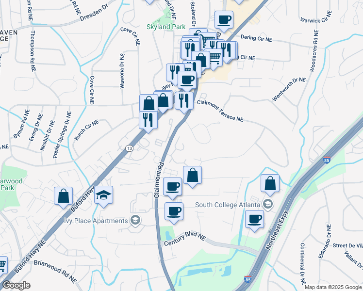 map of restaurants, bars, coffee shops, grocery stores, and more near 3283 Clairmont North Northeast in Atlanta