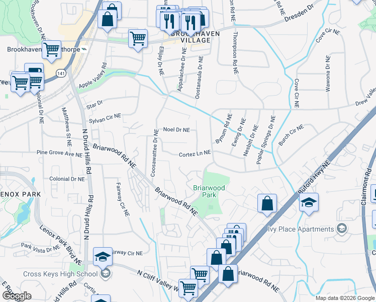 map of restaurants, bars, coffee shops, grocery stores, and more near 1430 Cortez Lane Northeast in Atlanta