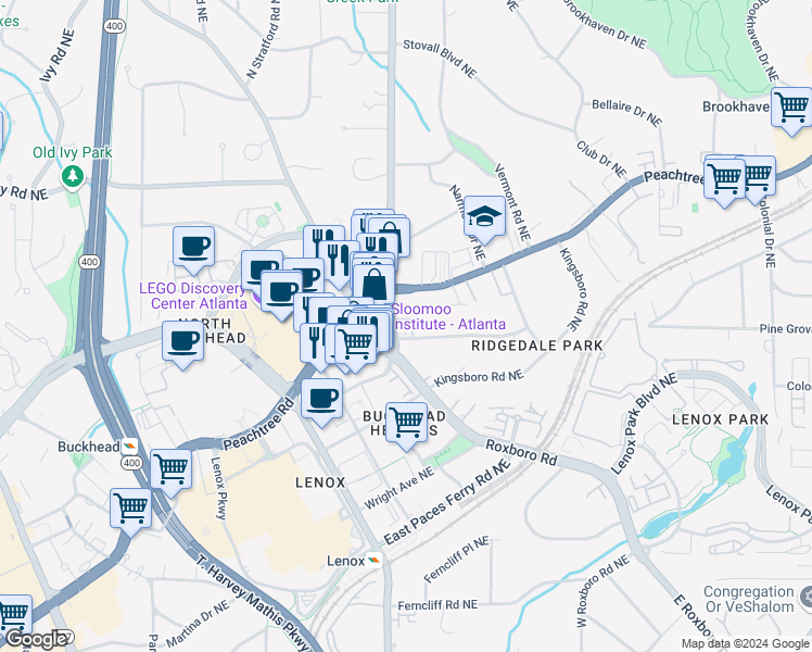 map of restaurants, bars, coffee shops, grocery stores, and more near 3649 Peachtree Road Northeast in Atlanta