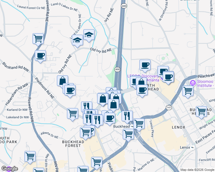map of restaurants, bars, coffee shops, grocery stores, and more near 3620 Ivy Road Northeast in Atlanta