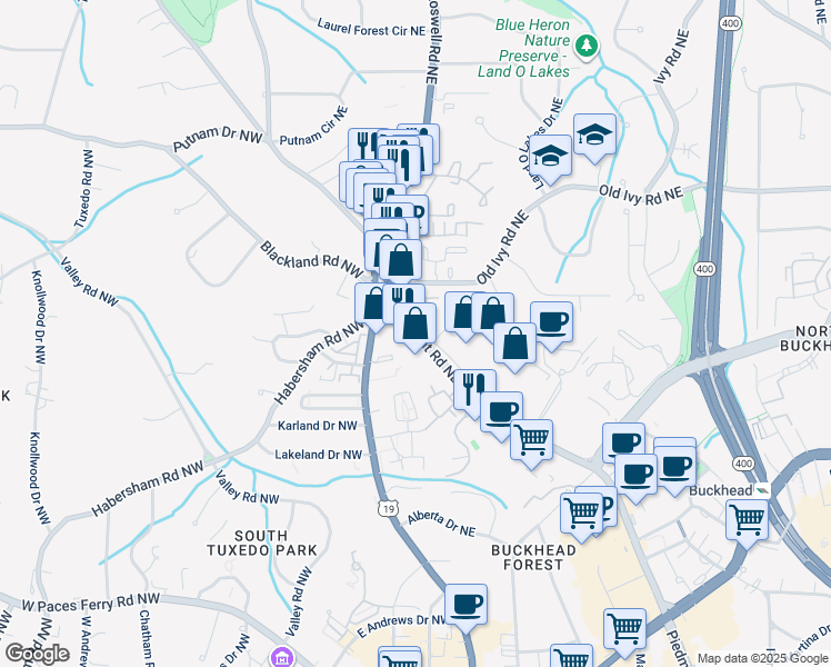 map of restaurants, bars, coffee shops, grocery stores, and more near 3655 Habersham Road Northeast in Atlanta