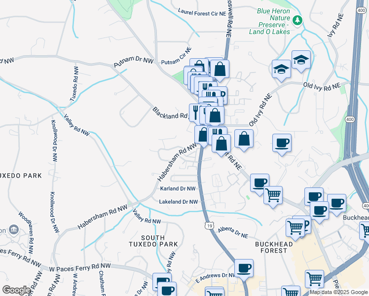 map of restaurants, bars, coffee shops, grocery stores, and more near 21 Honour Circle Northwest in Atlanta