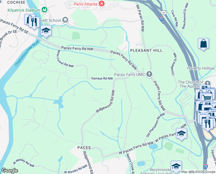 map of restaurants, bars, coffee shops, grocery stores, and more near 3560 Ridgewood Road Northwest in Atlanta