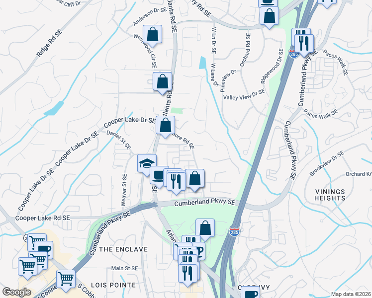 map of restaurants, bars, coffee shops, grocery stores, and more near 2129 Lucerne Lane Southeast in Smyrna