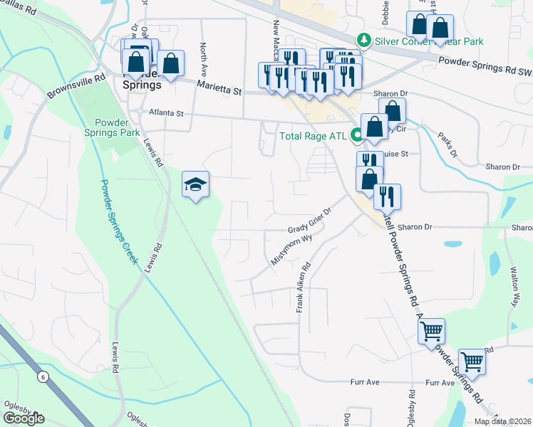map of restaurants, bars, coffee shops, grocery stores, and more near 4204 Mistymorn Point in Powder Springs