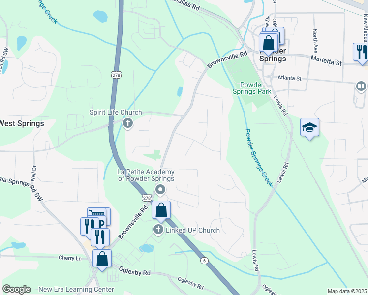 map of restaurants, bars, coffee shops, grocery stores, and more near 4120 Woodcrest Lane in Powder Springs
